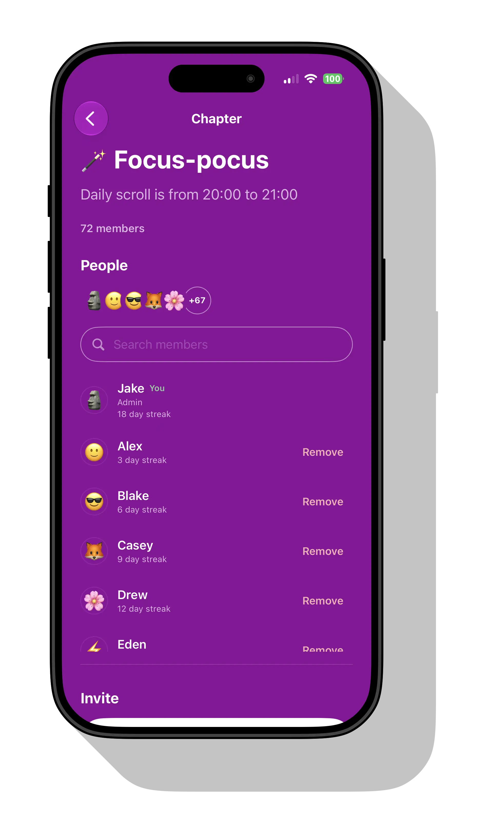 Chapter screen with members and streaks.