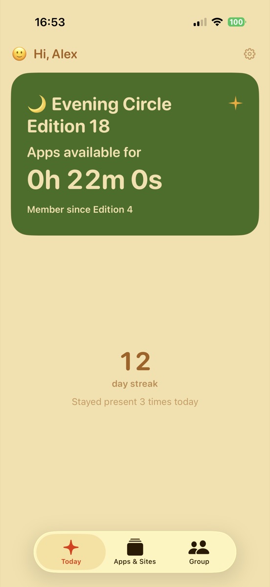 Today screen during Group Edition with Evening Circle apps available for twenty-two minutes.