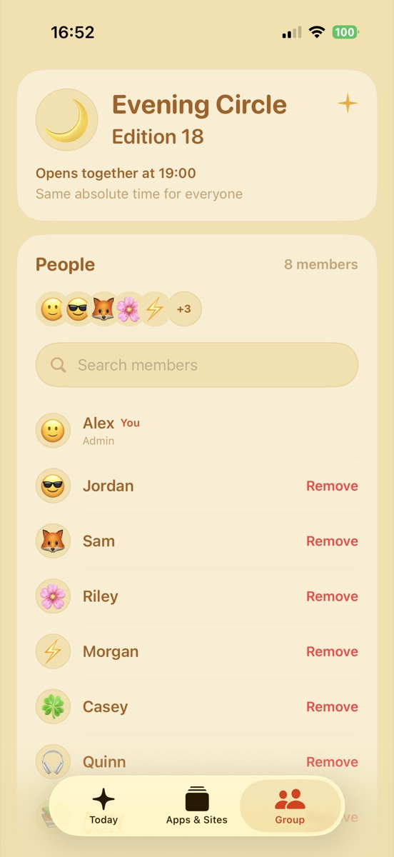 Group tab for Evening Circle, opening together at 19:00 with eight members.