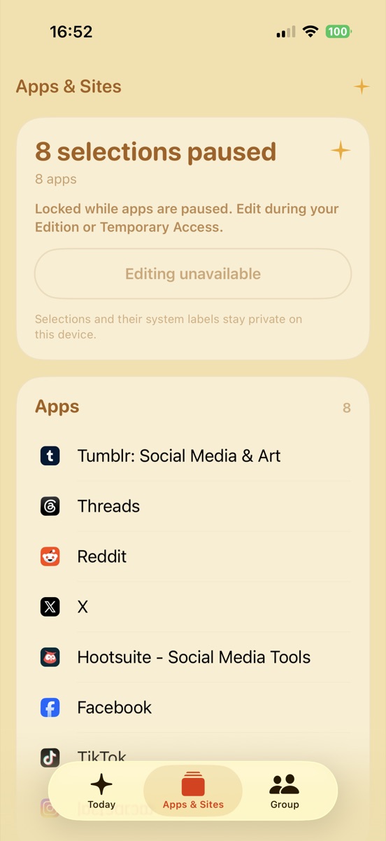 Apps and Sites screen showing eight social apps paused until the Edition.